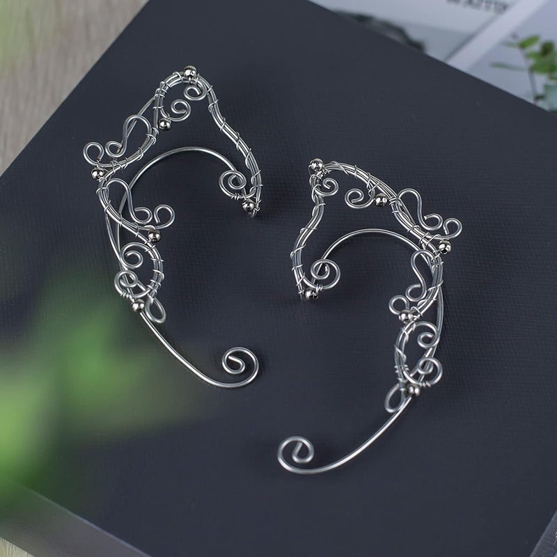 Yolmina Elven Ear Cuffs for Women, Handmade Elf Fairy Earrings Cuff Wrap Clip-on Filigree Earrings for Fantasy Fairy Halloween Costume, Cosplay, Wedding, Handcraft (Silver) - Image 5